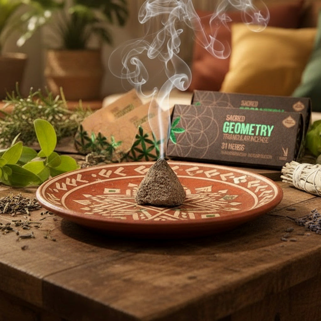 Incense cone burning on a decorative plate with plants and a box in the background