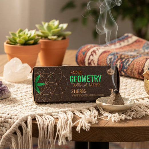 Sacred Geometry incense packaging with greenery and a feather on a wooden surface.