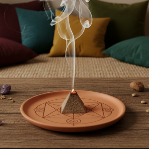 Sacred Geometry incense packaging on a rustic background with natural elements.