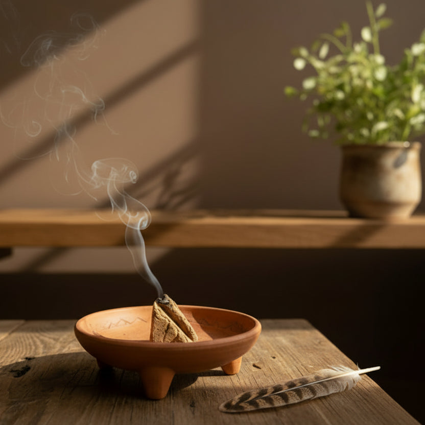 Incense burning in a terracotta dish on a wooden table with a cozy indoor setting.