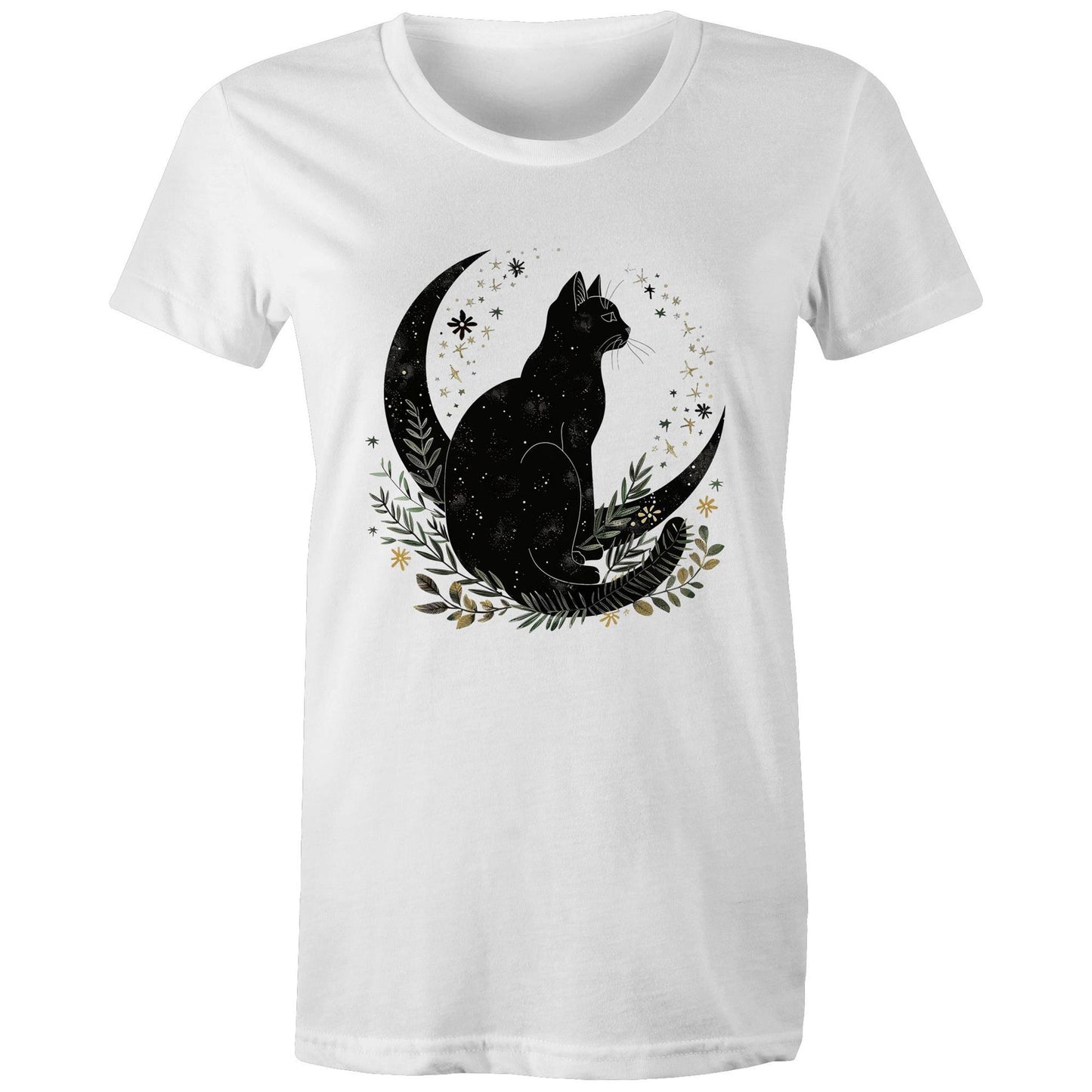 Earthfolk Printed T Shirt - Women's Relaxed Fit - Moon Cat - The Crescent Moon