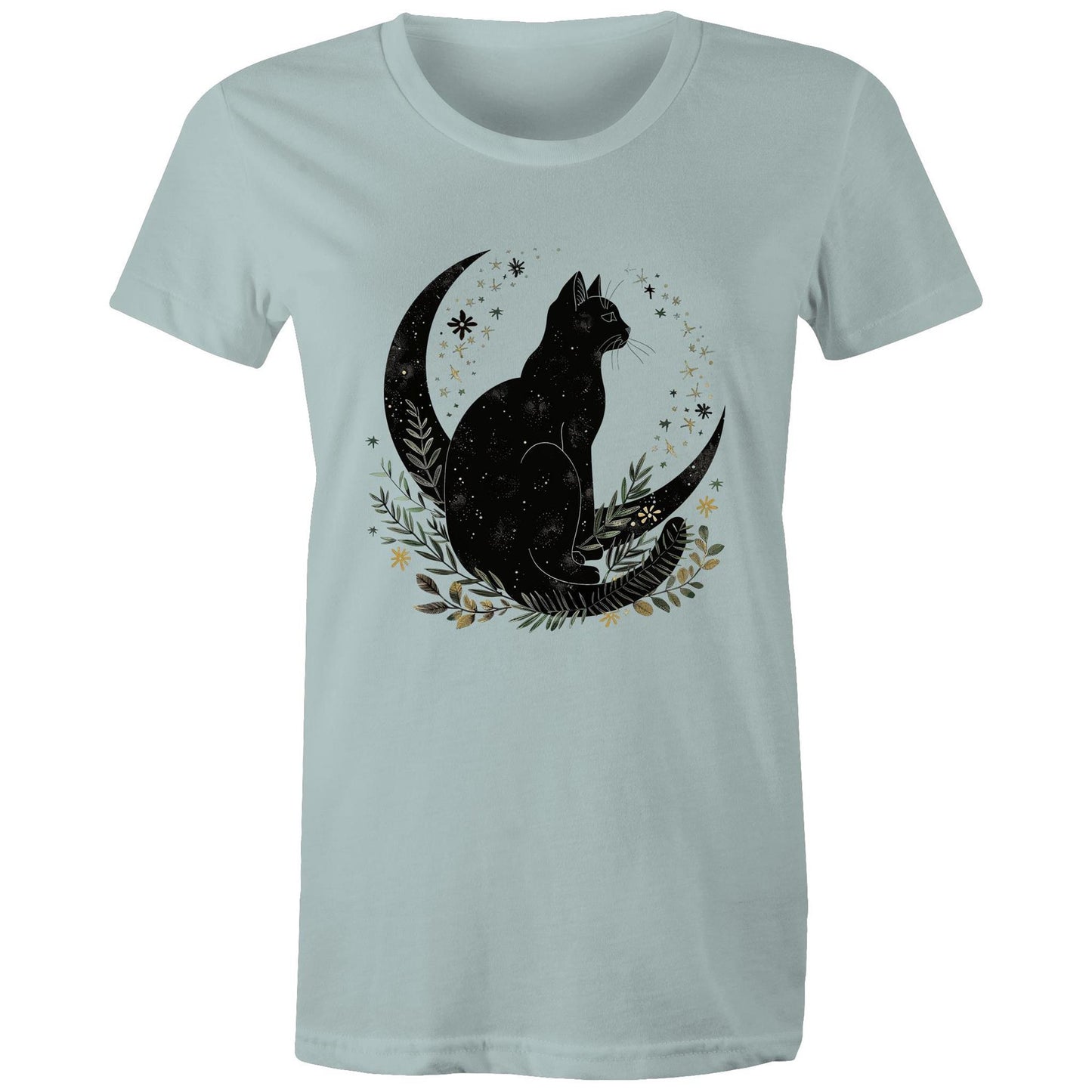 Earthfolk Printed T Shirt - Women's Relaxed Fit - Moon Cat - The Crescent Moon