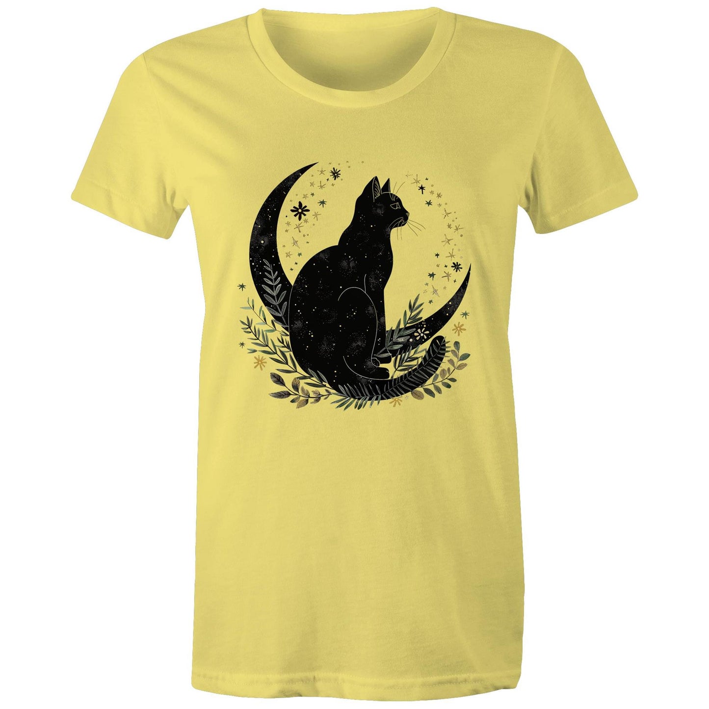 Earthfolk Printed T Shirt - Women's Relaxed Fit - Moon Cat - The Crescent Moon