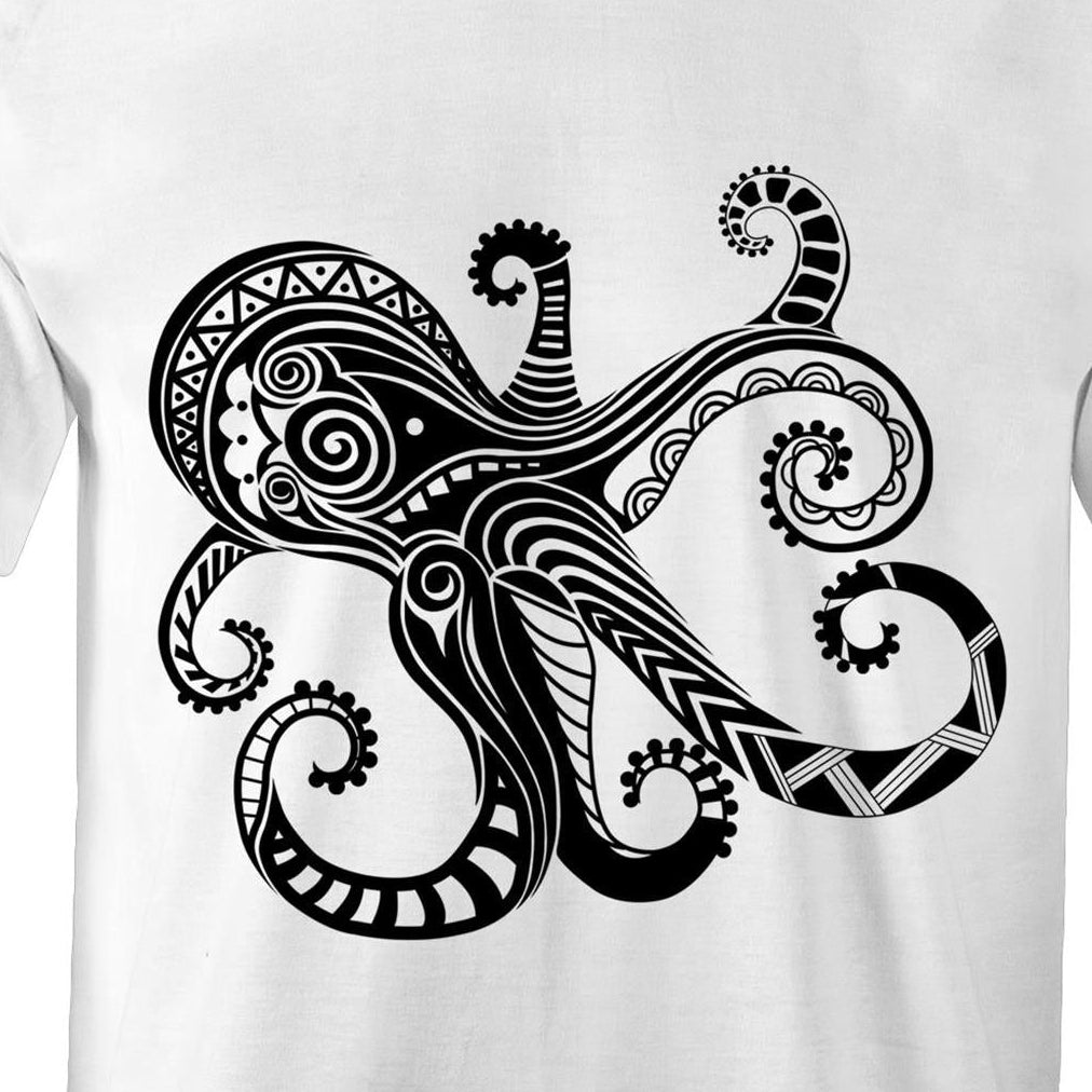 A white short-sleeve crewneck t-shirt featuring a large black tribal octopus graphic printed on the chest, displayed against a solid white background.