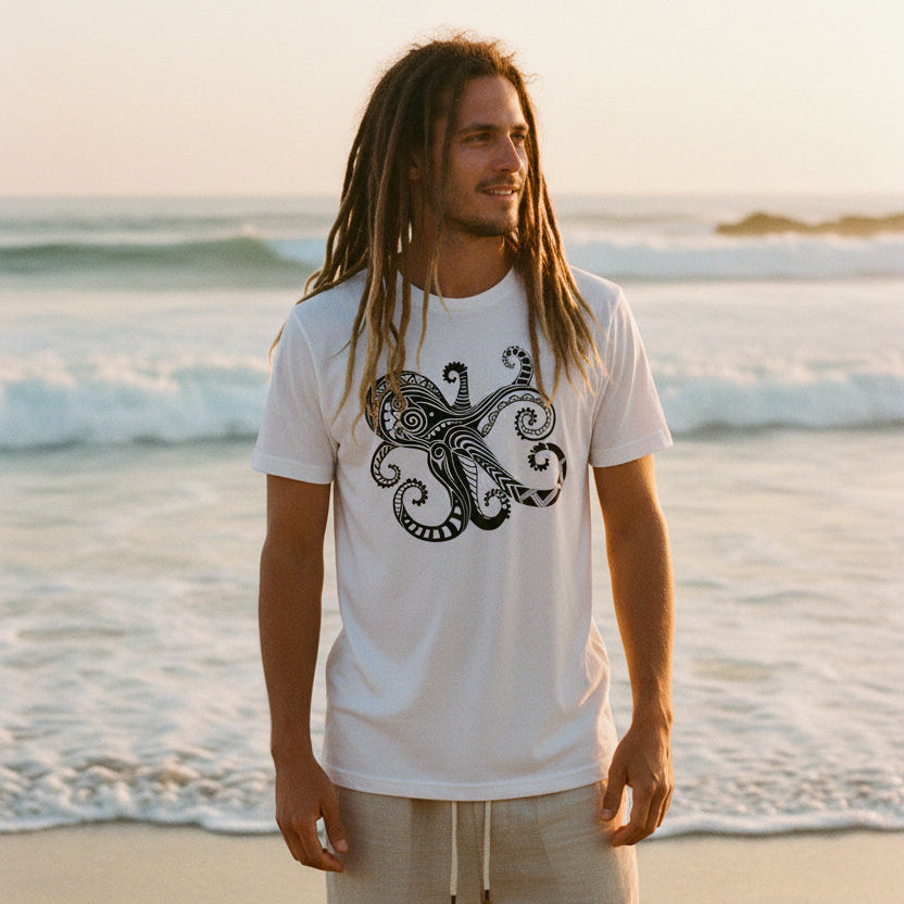 A white short-sleeve crewneck t-shirt featuring a large black tribal octopus graphic printed on the chest, displayed by man with dreadlocks at the beach.