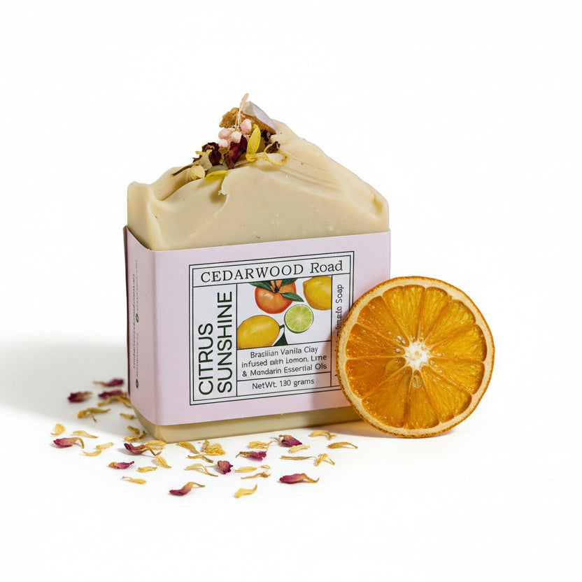 Bar of soap with a 'Cedarwood Road' label on a beige background