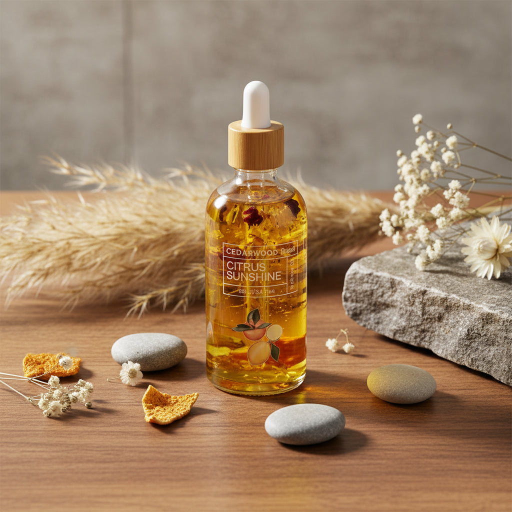 A clear glass dropper bottle of Cedarwood Citrus Sunshine essential oil with a bamboo cap and white dropper, surrounded by dried citrus peels and herbs on a bathroom vanity