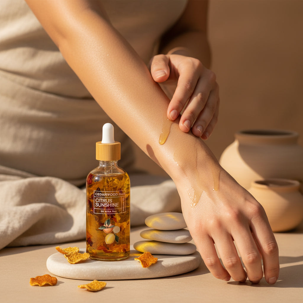 A clear glass dropper bottle of Cedarwood Citrus Sunshine essential oil with a bamboo cap and white dropper, surrounded by dried citrus peels and three smooth white stones on a white background.