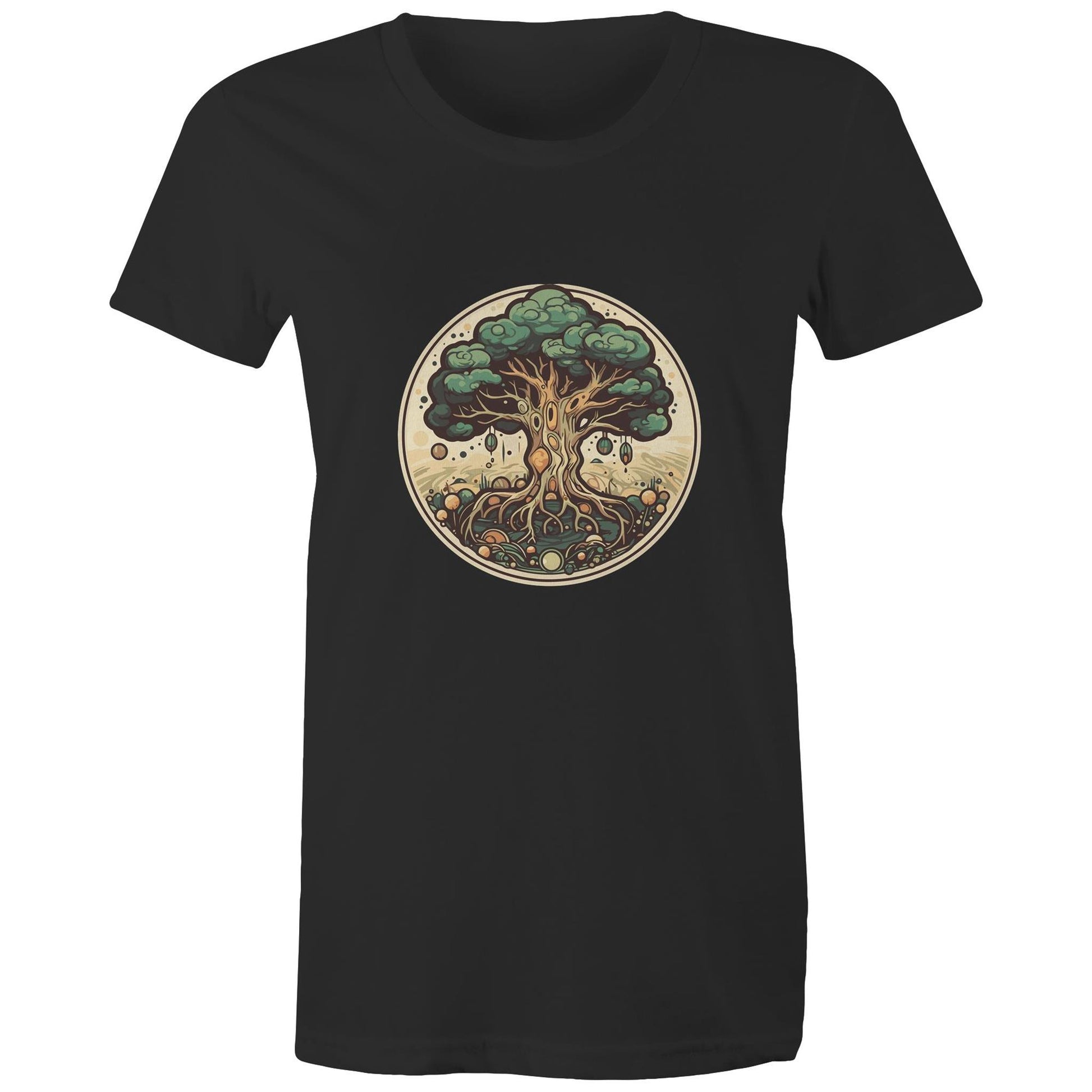 Earthfolk printed t shirt - Womans Relaxed Fit - Circular Tree - The Crescent Moon