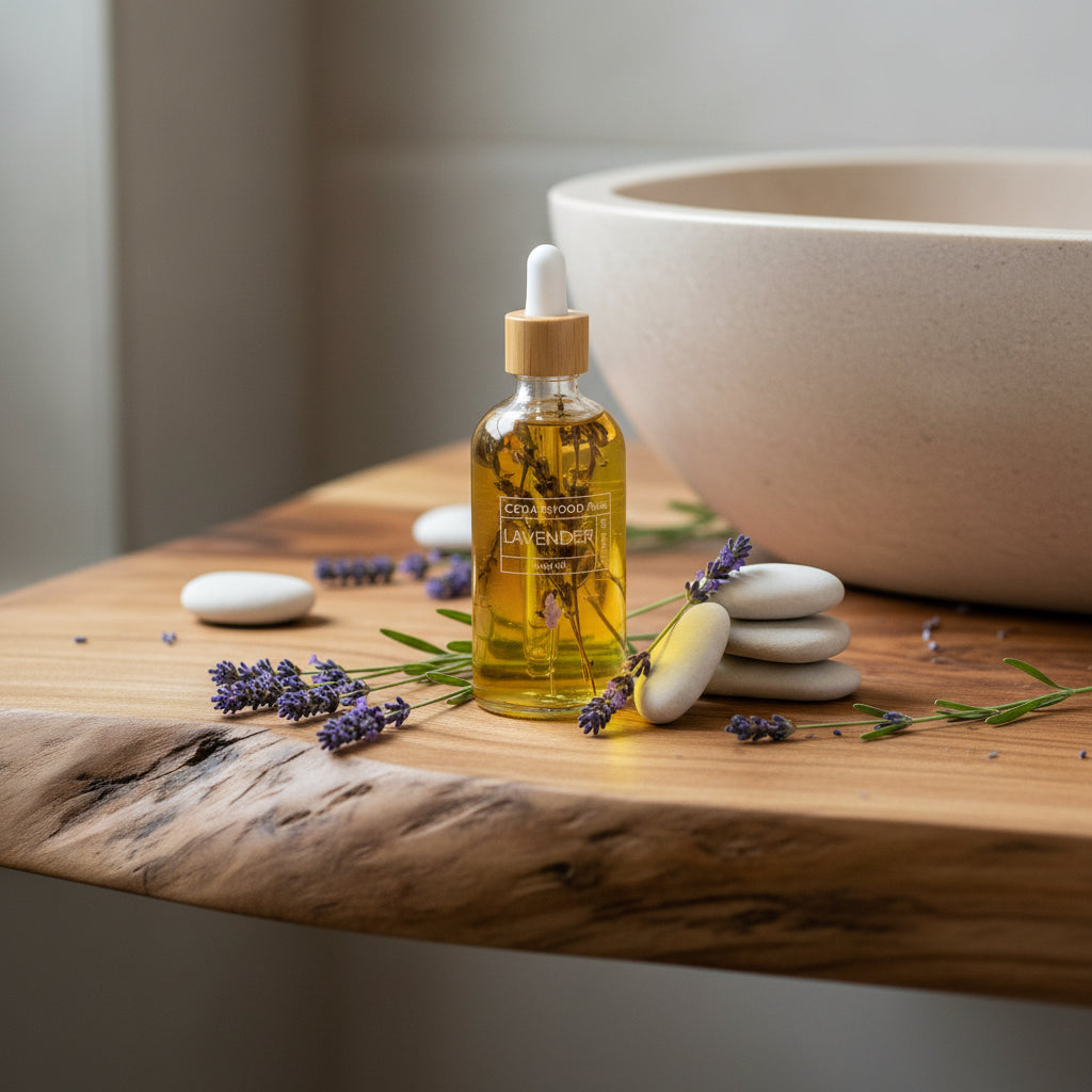 Bottle of lavender essential oil with lavender flowers and stones on a bathroom bench