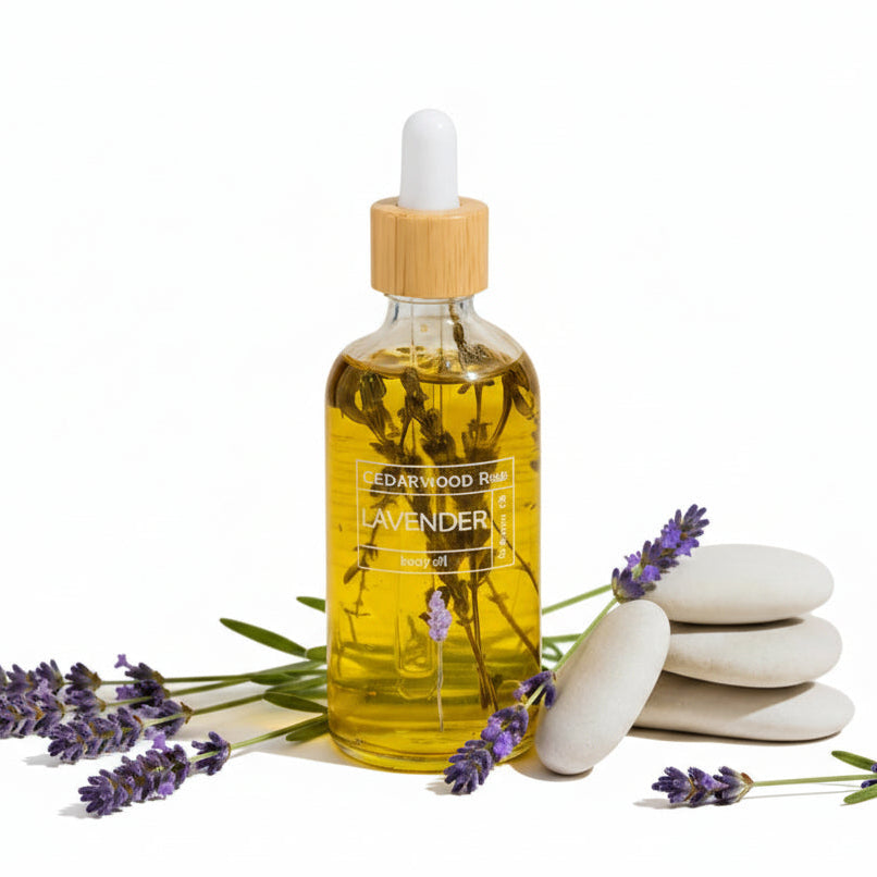 Bottle of lavender essential oil  body oil with wooden dropper on a white background
