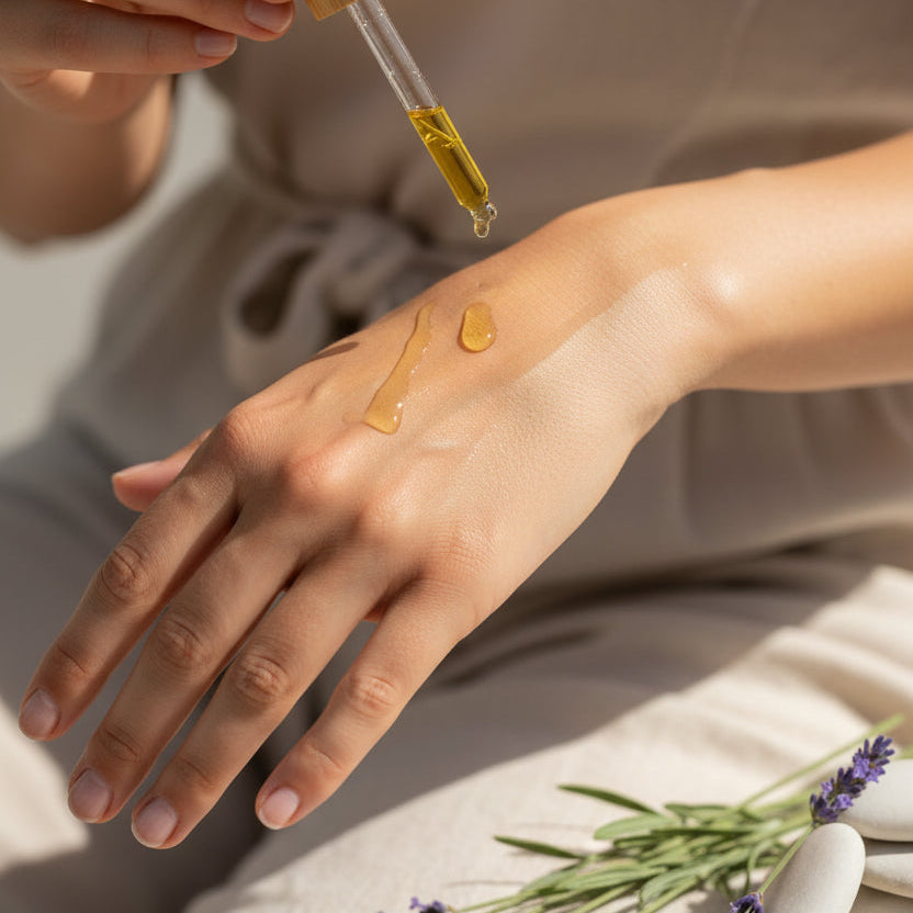 Bottle of lavender essential oil with lavender flowers being used by a lady