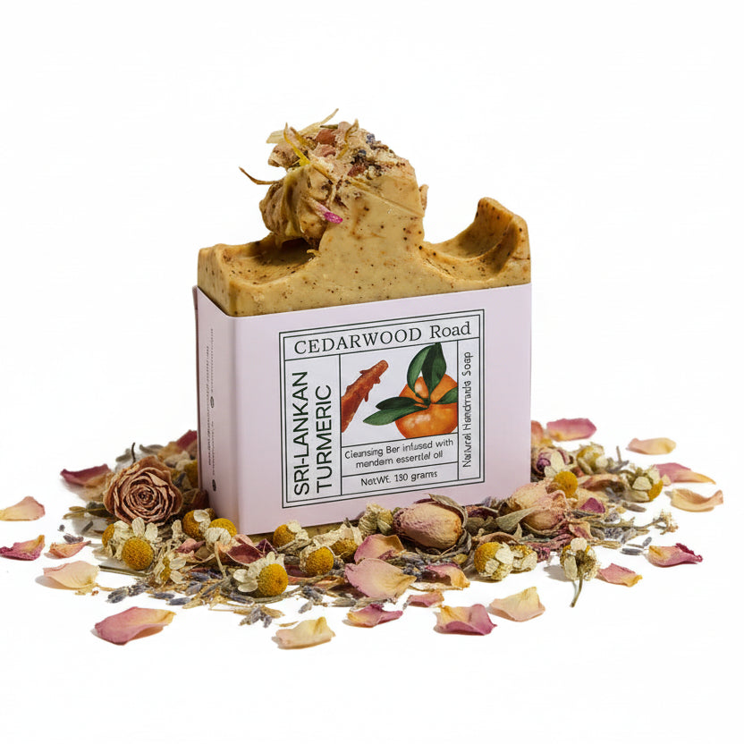 Bar of soap with packaging labeled 'Cedarwood Road' on a white background