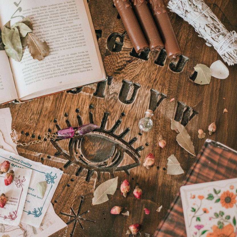 Wooden surface with an eye design, brown spell candles, and various items including a book and cards.