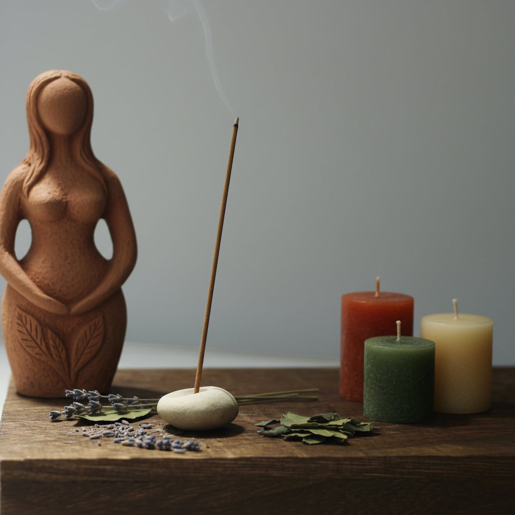 Incense stick on a small stone holder against a plain background