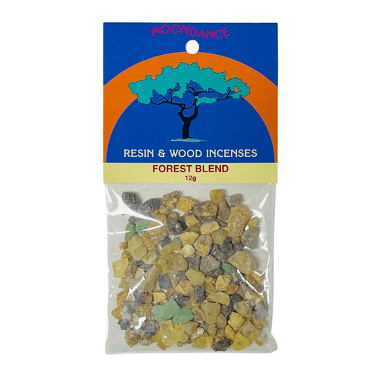 Packaged resin and wood incenses with Moondance branding on a white background