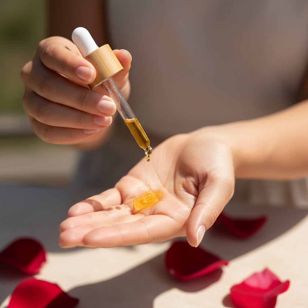 A clear glass dropper bottle of Cedarwood Rose Rose Geranium facial oil with a bamboo cap, surrounded by red rose petals andbeing used by a woman