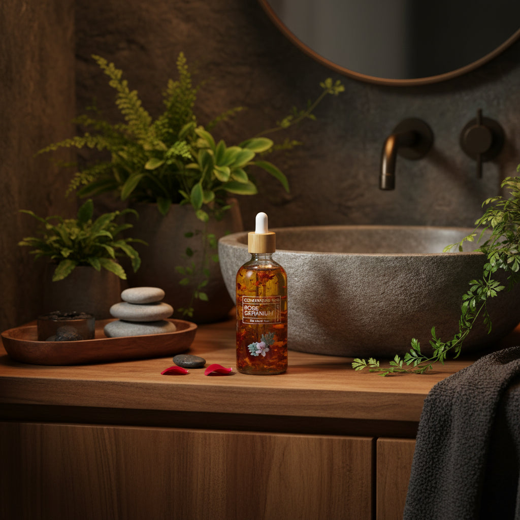 A clear glass dropper bottle of Cedarwood Rose Rose Geranium facial oil with a bamboo cap, surrounded by red rose petals and plants on a vanity