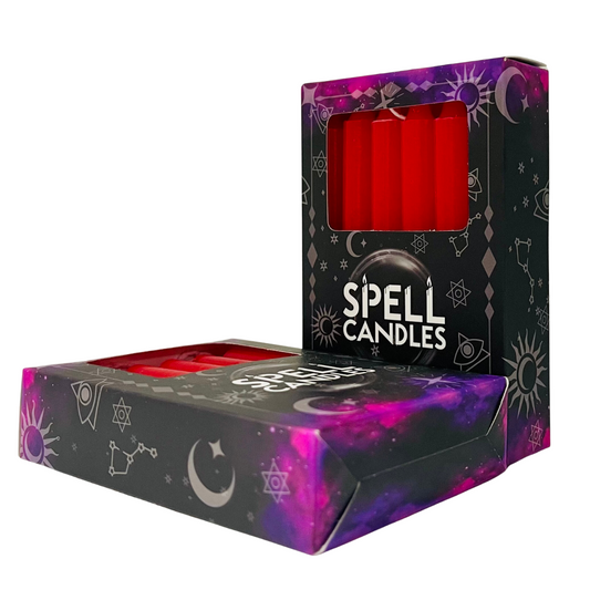 Box of spell candles with red candles inside, featuring astrological symbols on a white background.