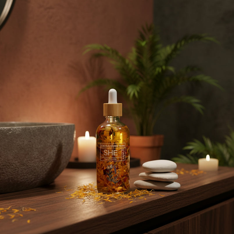 A clear glass dropper bottle filled with golden amber liquid and dried flower petals, labeled CEDARWOOD Flower SHE, set on a bathroom vanity