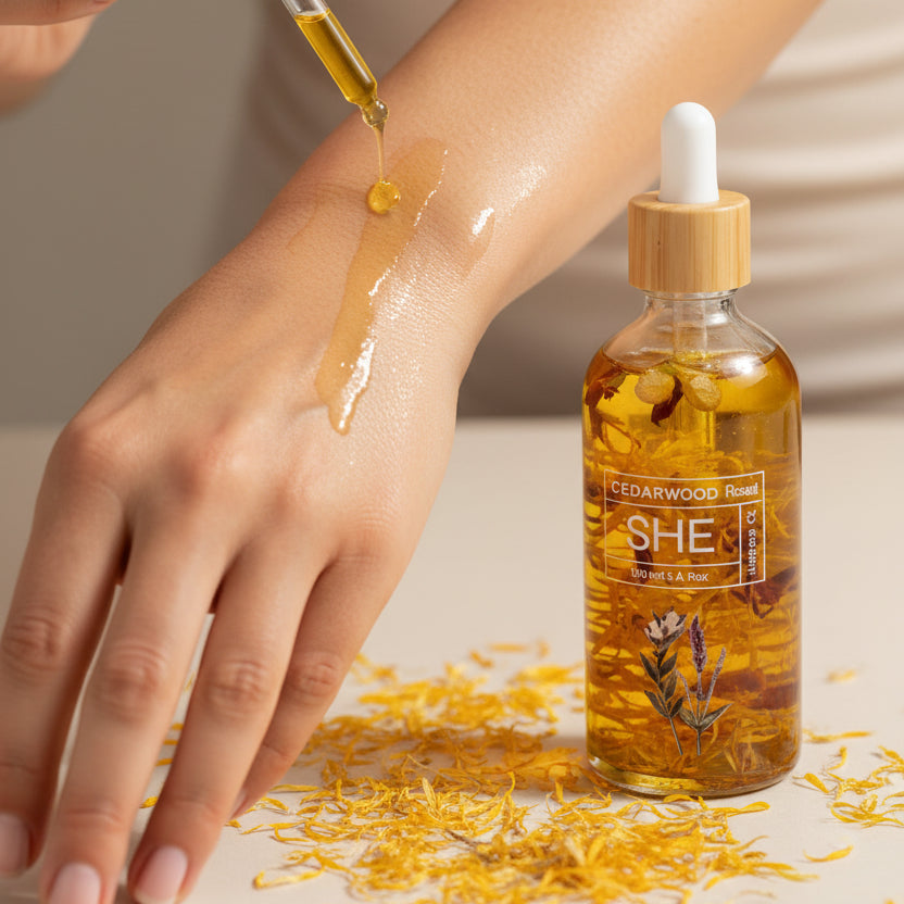 A clear glass dropper bottle filled with golden amber liquid and dried flower petals, labeled CEDARWOOD Flower SHE, set on a white surface with scattered yellow flower shreds 