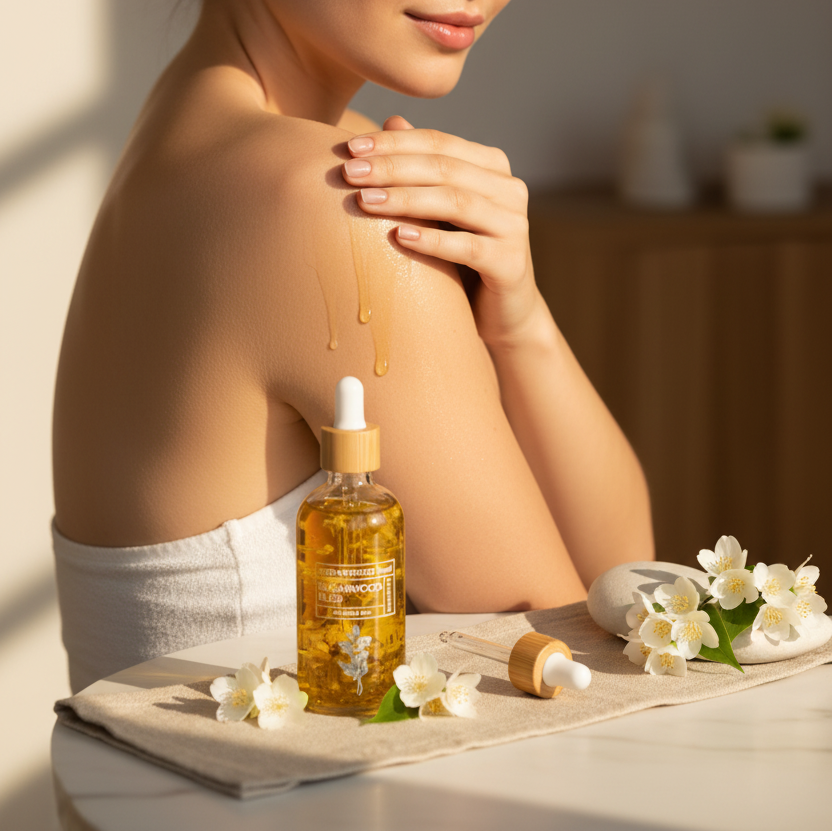 A clear glass dropper bottle filled with golden yellow liquid and botanical pieces, labeled 'Cedarwood Tree Sugarwood Bliss,' styled with small white flowers
