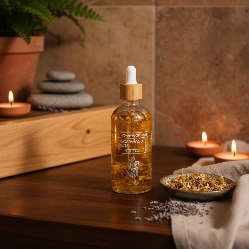 A clear glass dropper bottle filled with golden yellow liquid and botanical pieces, labeled 'Cedarwood Tree Sugarwood Bliss,' styled with small candles on a bathroom vanity