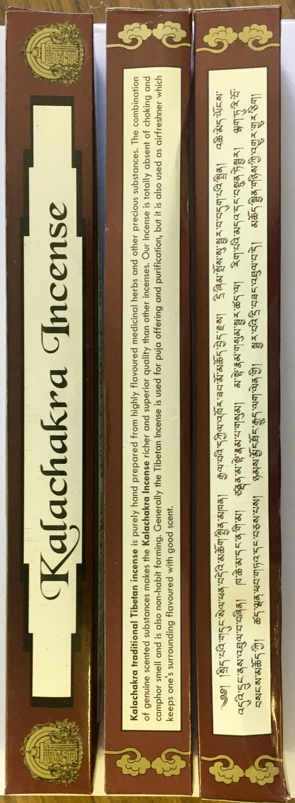 Two boxes of KalaChakra Incense with text and decorative elements.