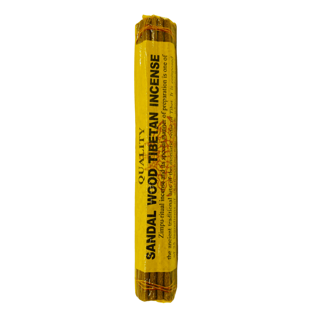 A bundle of Tibetan incense sticks wrapped in a bright yellow paper sleeve with black text reading 'SANDAL WOOD TIBETAN INCENSE' and 'QUALITY' at the top, photographed on a plain white background.